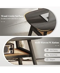 Sugift 2-Tier Rectangular Center Coffee Table with Rattan Storage Shelf and Rubber Wood Legs