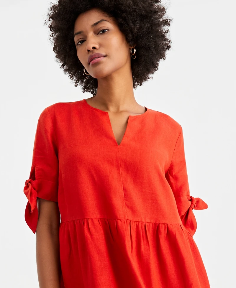 Charter Club Women's 100% Linen Tie-Sleeve Tiered Midi Dress, Created for Macy's