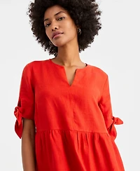 Charter Club Women's 100% Linen Tie-Sleeve Tiered Midi Dress, Created for Macy's