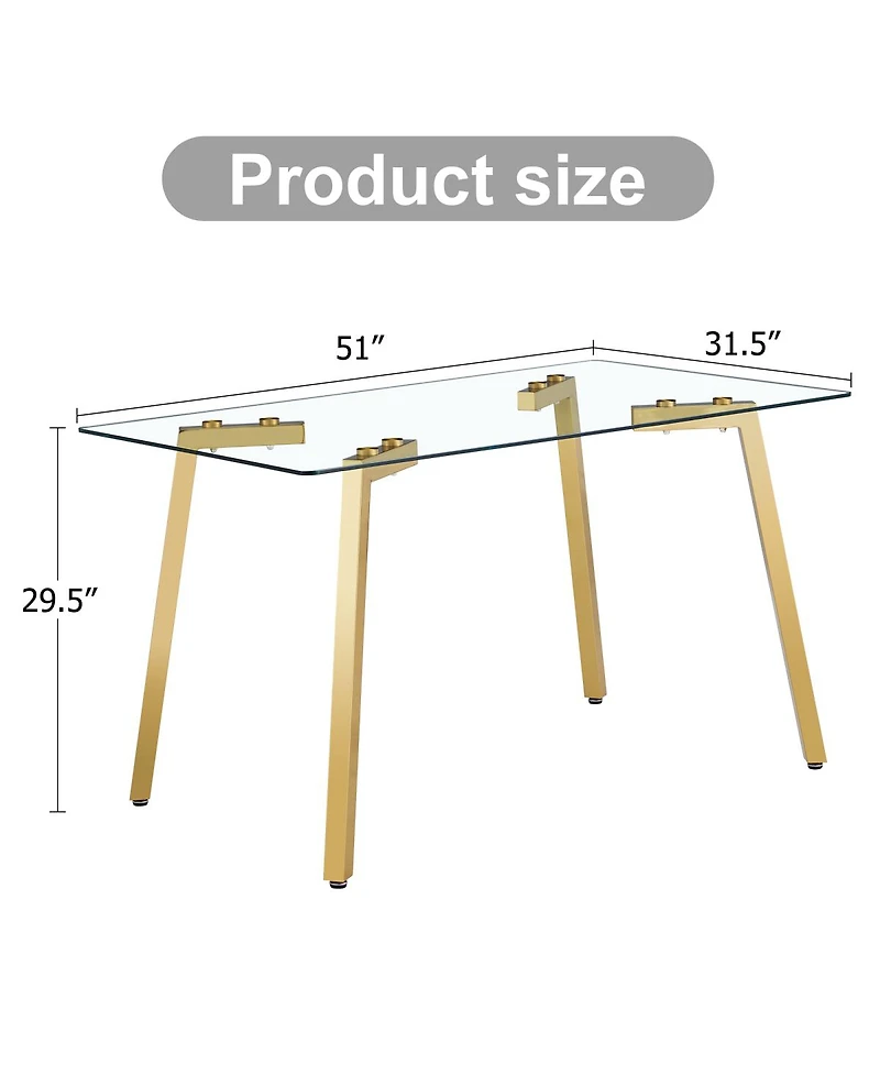 Streamdale Furniture Modern minimalist rectangular glass dining table with golden metal legs.