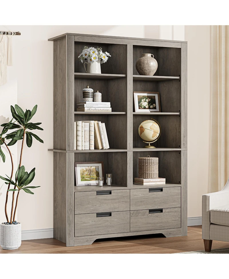 gaomon 72" Tall Farmhouse 6-Tier Double Wide Bookshelf with 4 Drawers and Storage