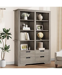 gaomon 72" Tall Farmhouse 6-Tier Double Wide Bookshelf with 4 Drawers and Storage