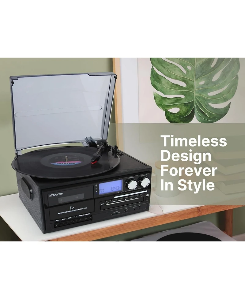 Victor Cosmopolitan 8-in-1 Bluetooth Turntable Music Center with Cd and Cassette Player and Radio