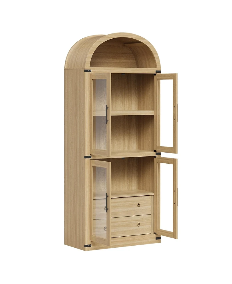 gaomon 71" Arched Farmhouse Bookshelf with Glass Doors and Drawers, Display Cabinet with Metal Corners, Oak