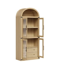 gaomon 71" Arched Farmhouse Bookshelf with Glass Doors and Drawers, Display Cabinet with Metal Corners, Oak
