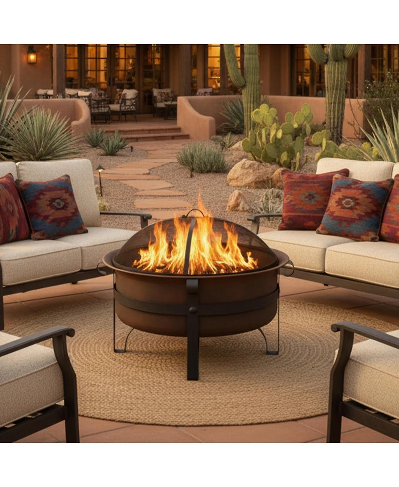 Outdoor Camping or Backyard Large Round Cauldron Fire Pit Bowl with Log Poker and Spark Screen - 29"