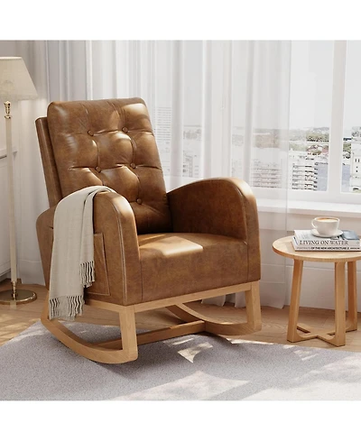 gaomon Nursery Rocking Chair,Breathable Pu Leather Upholstery,Sturdy Wooden Legs and High Backrest,Comfortable Glider Rocking Chair for Living Room