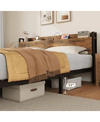 gaomon Metal Bed Frame with Charging Station, Wood Headboard and Footboard, Heavy-Duty Platform