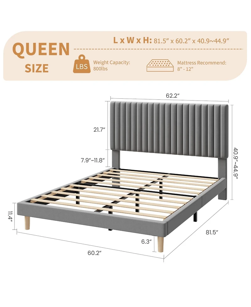 Homfan Velvet Bed Frame, Vertical Channel Tufted Headboard, Height Adjustable