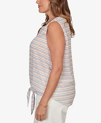 Hearts Of Palm Plus Striped Slub Sleeveless Henley Tie Front Top