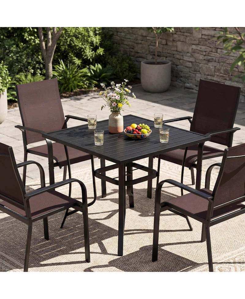 Costway 5 Pcs Patio Furniture Dining Set, Outdoor Square Table and Stackable Chairs with Umbrella Hole