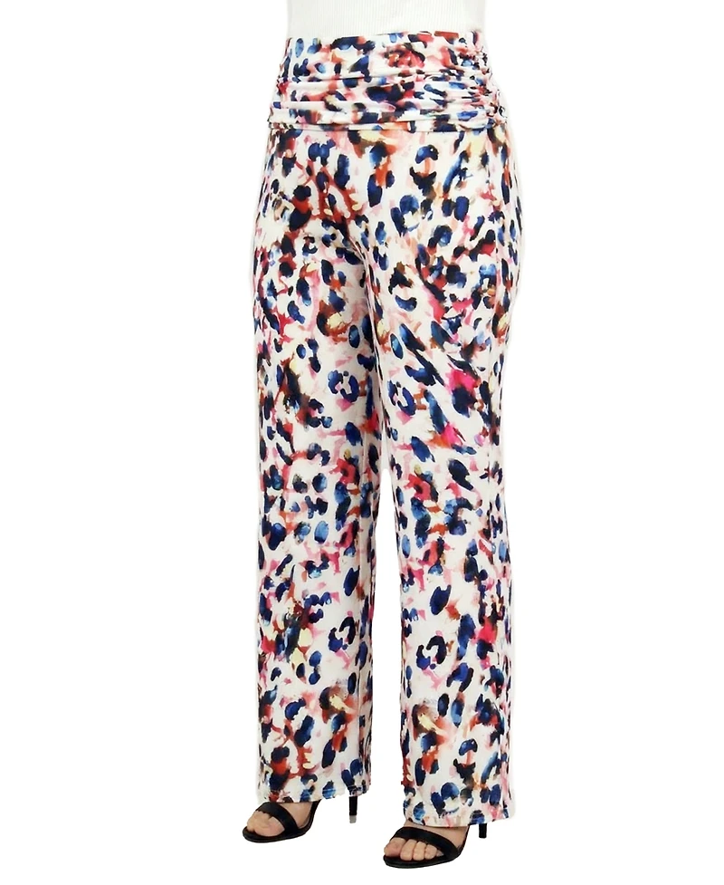 24seven Comfort Apparel Plus Essential Curvy Cheetah Print Wide Leg Pants