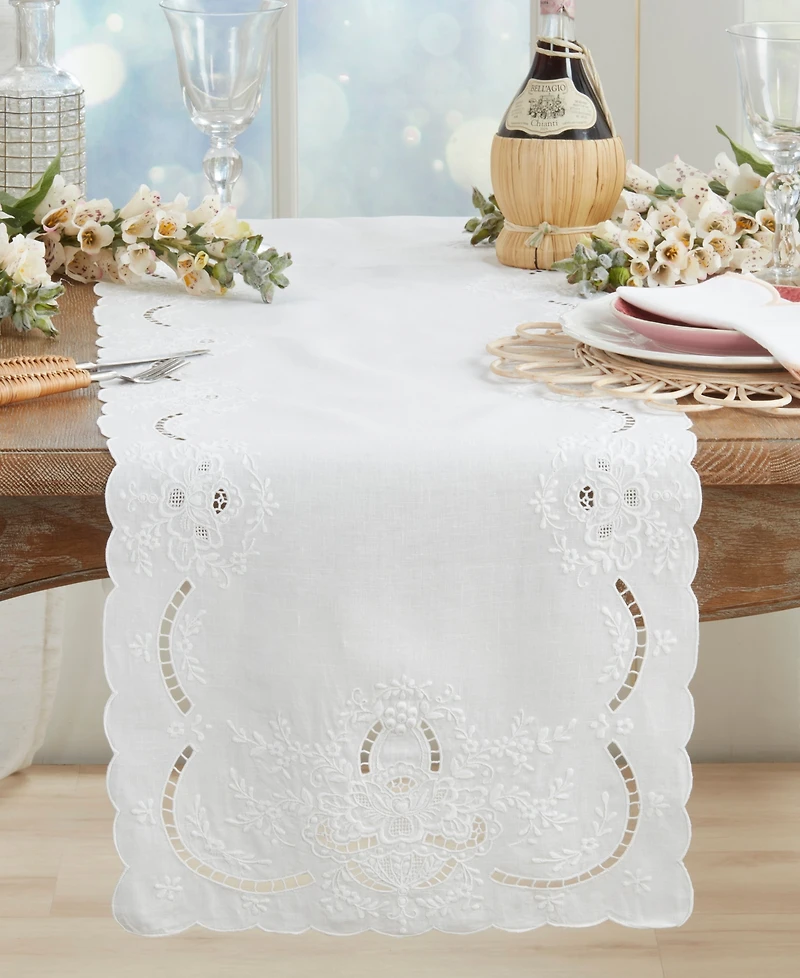 Saro Lifestyle Embroidered Linen Scalloped Table Runner