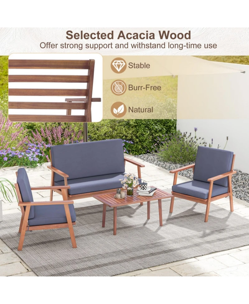 Clihome 4 Piece Outdoor Acacia Wood Conversation Set with Soft Seat and Back Cushions