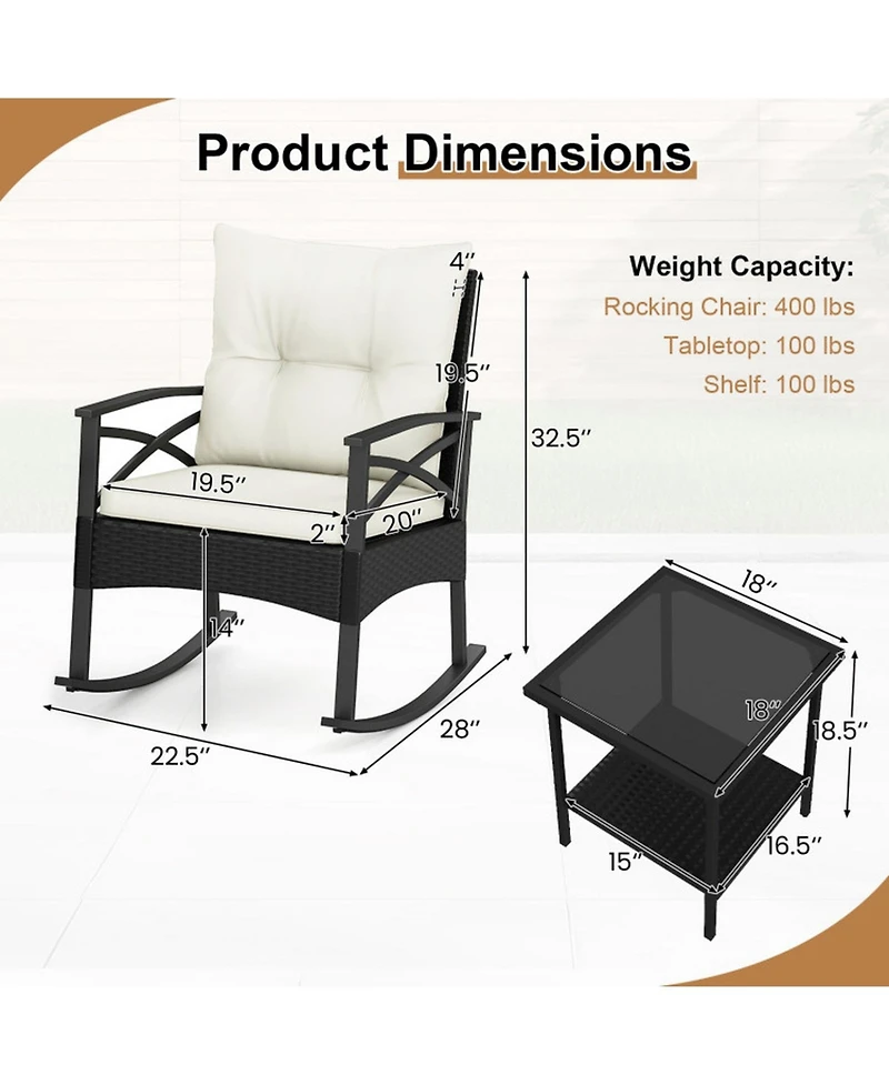 Gouun 3-Piece Rattan Rocking Chair Set with Tiered Side Table