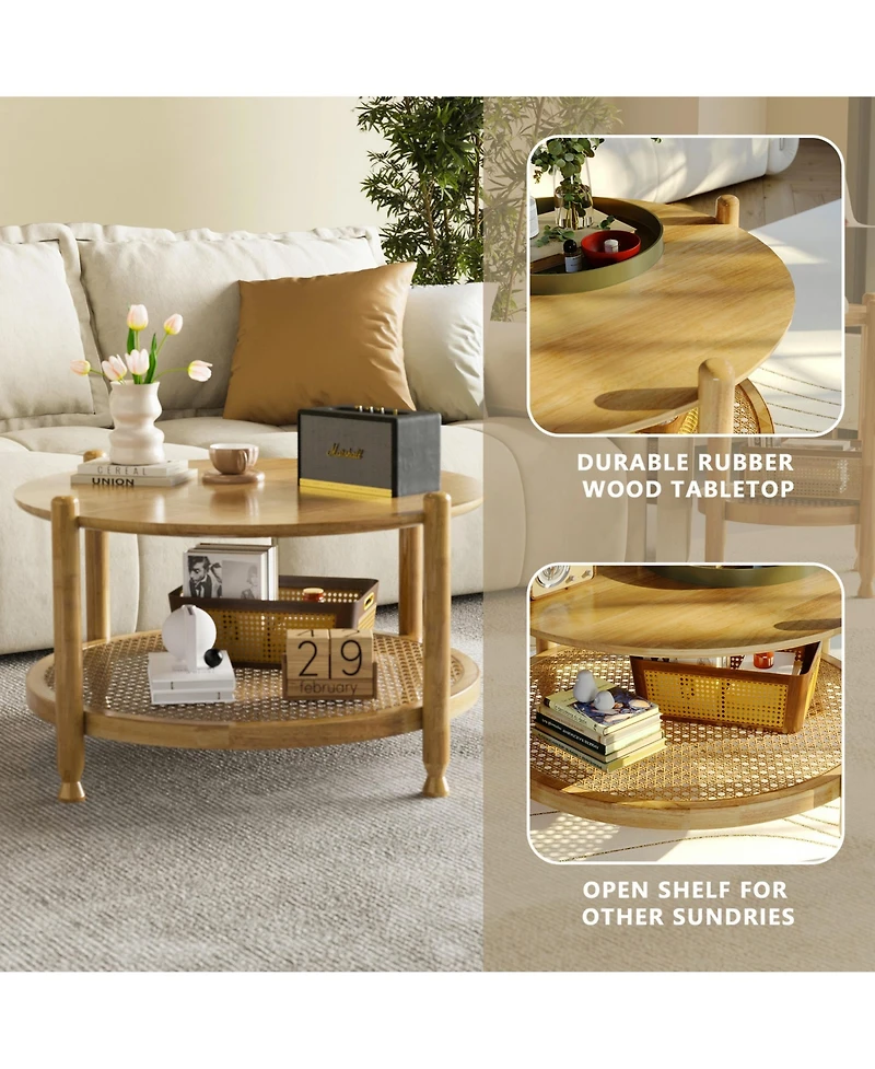 Rainsken 32" Round Rustic Wood Coffee Table Featuring Boho Woven Rattan Lower Shelf for Living Room Storage