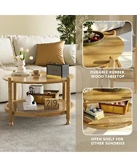 Rainsken 32" Round Rustic Wood Coffee Table Featuring Boho Woven Rattan Lower Shelf for Living Room Storage