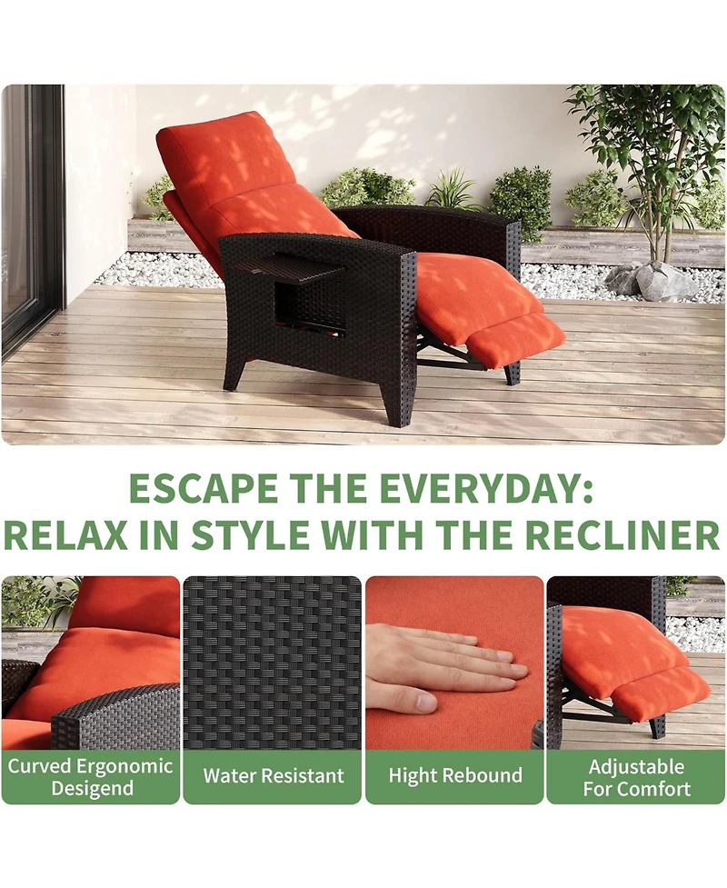 gaomon Outdoor Reclining Patio Chair with Adjustable Backrest Footrest All Weather Wicker Chaise Lounge Air Pump 150degree(s) Lay Flat