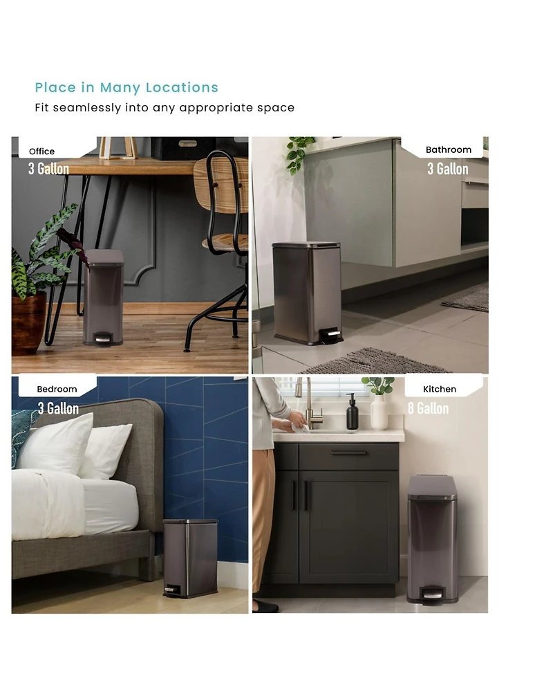 Home Zone Living 8 Gallon and 3 Gallon Slim Stainless Steel Trash Can Combo Set with Step Pedals and Soft Close Lids