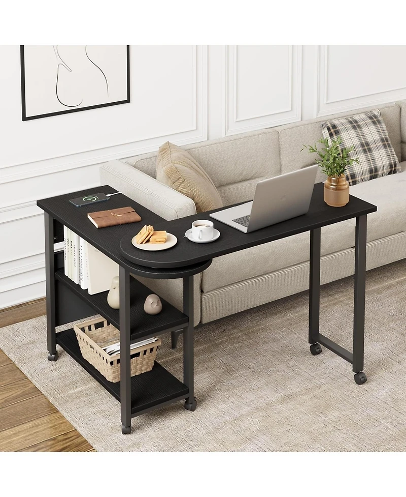 360 Rotating End Table with Charging Station, Swivel Side Table on Wheels with Brakes, Movable Sofa Table with Storage Bag for Living Room Bedroom