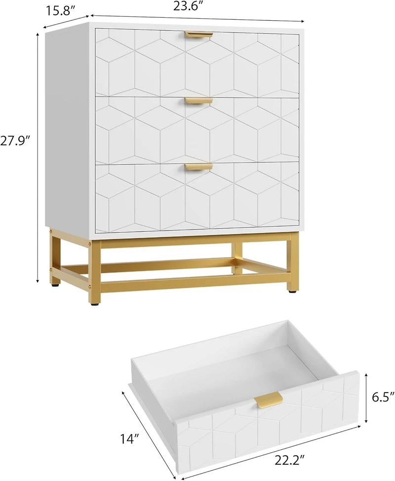 gaomon Modern 3 Drawer Wide Dresser Chest, Gold Metal Legs & Handles, Wood Storage Organizer for Bedroom Living Room