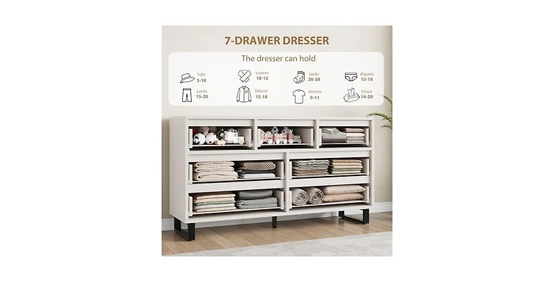 gaomon 7 Dresser for Bedroom, Wide Dresser, Freestanding Horizontal Drawer with Storage