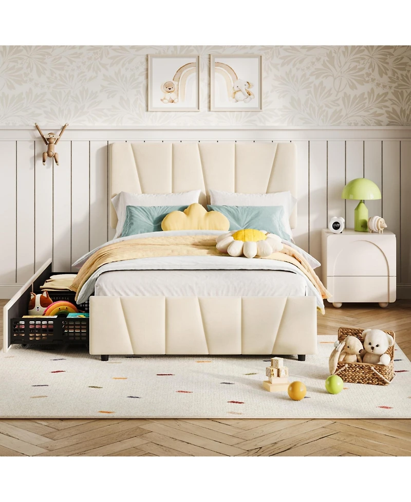 homfan Elegant Twin Upholstered Bed Frame with Adjustable Headboard - 2 Storage Drawers - Soft Soft Tufted Platform