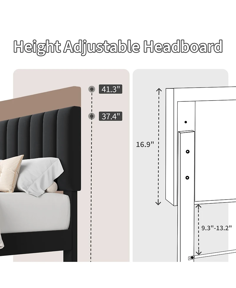 homfan Upholstered Platform Bed Frame with Adjustable Height Vertical Channel Tufted Headboard, Sturdy Wooden Slats, Noise-Free