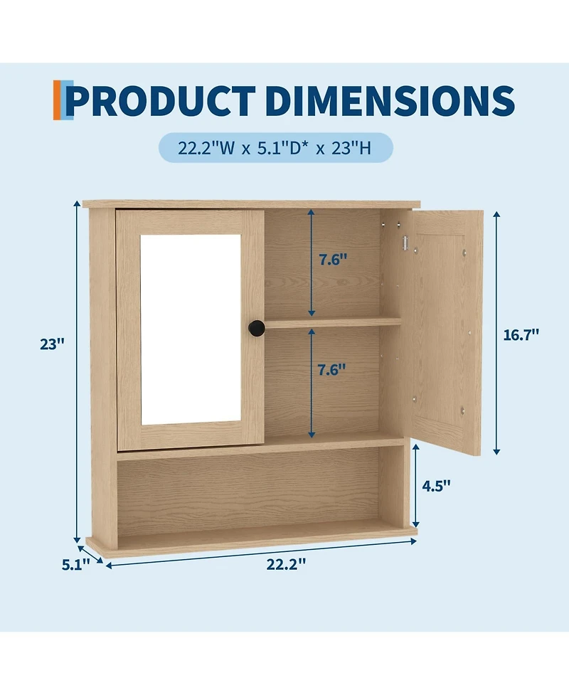 Homfan Mirrored Bathroom Wall Cabinet with Adjustable Shelf, 22.2 x 5.1 23 Over Toilet Storage Organizer for Spaces