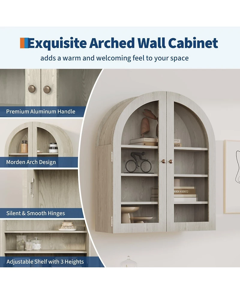 homfan Arched Bathroom Wall Cabinet with Glass Doors and Adjustable Shelves, Wood Over Toilet Storage Organizer for Bathroom and Laundry Room