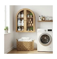 homfan Arched Bathroom Wall Cabinet with Glass Doors and Adjustable Shelves, Wood Over Toilet Storage Organizer for Bathroom and Laundry Room