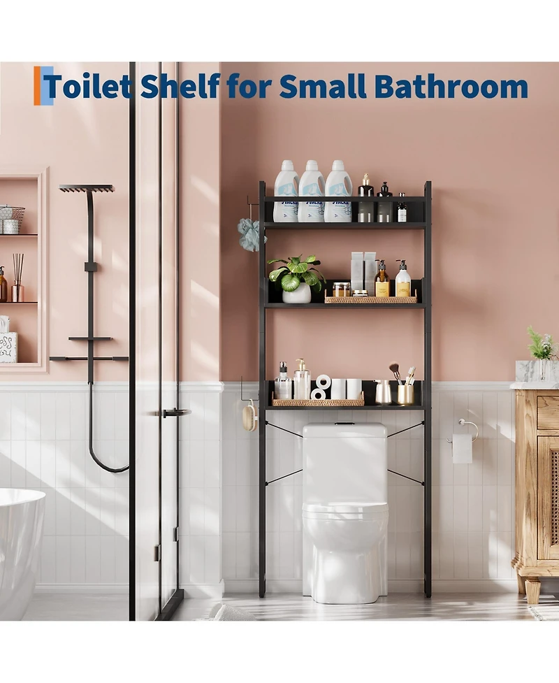 homfan 3 Tier Over Toilet Storage Rack with Shelf and Basket, Bathroom Space Saver Organizer with Wood Shelves and Metal Frame for Bath