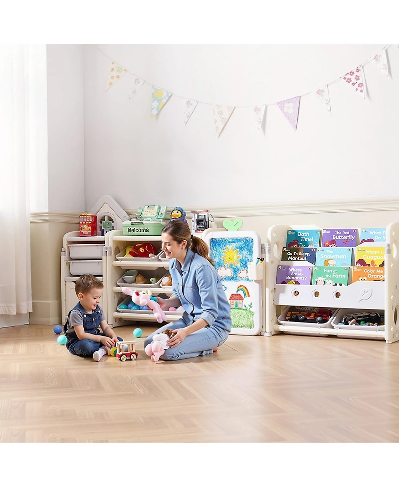 Gouun 4-Tier Kids Toy Storage with Bookshelf, Drawing Board and 10 Bins, 88.6 x 36 in