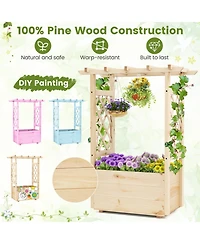 Gouun Pine Wood Elevated Planter Box with Trellis and Hanging Roof, Garden Bed