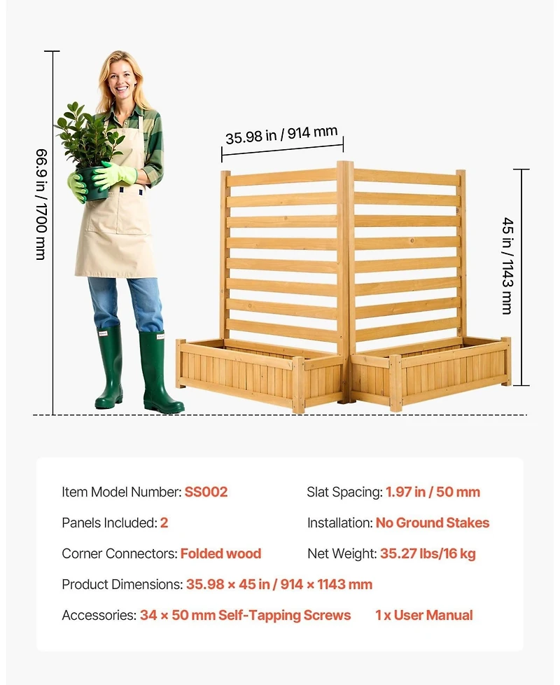 Gouun Wooden Privacy Fence with 2 Planters, 36 x 45 in Slatted Panel Outdoor Screen for Garden and Pool