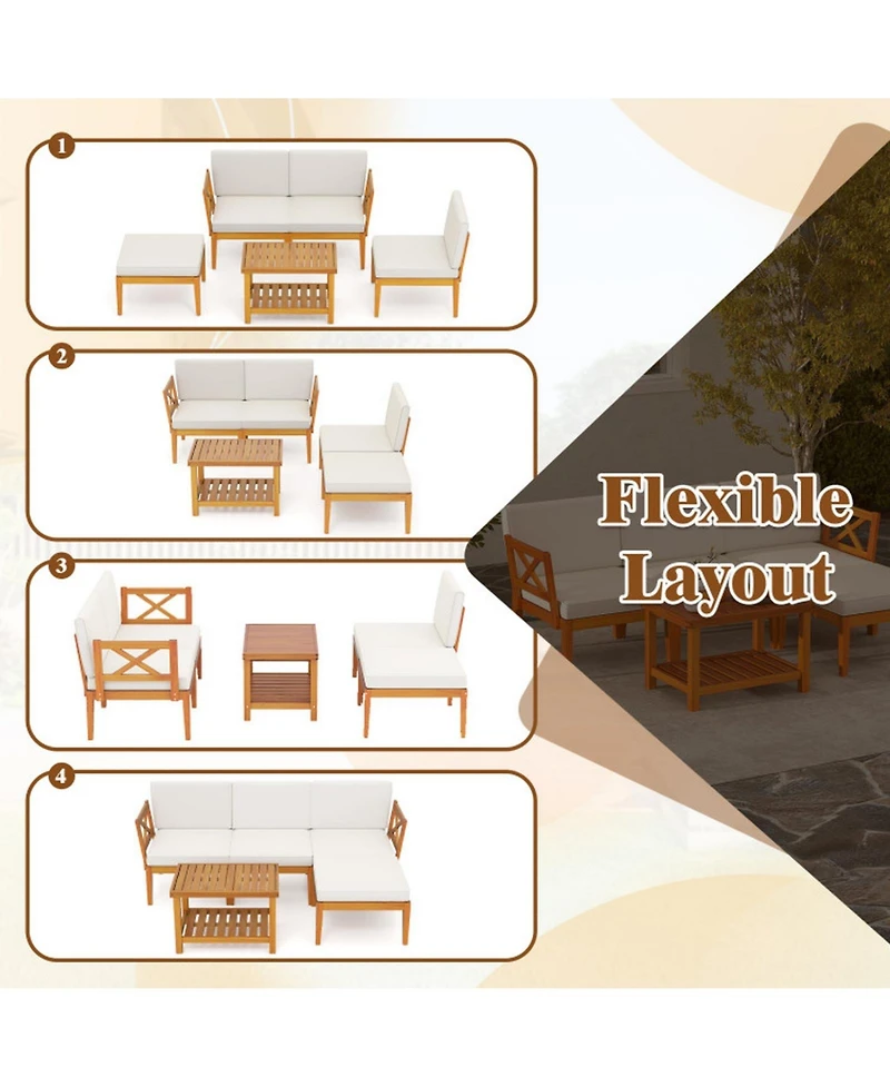 Gouun 5-Piece Acacia Wood Outdoor Conversation Set with 2-Tier Coffee Table and Cushions