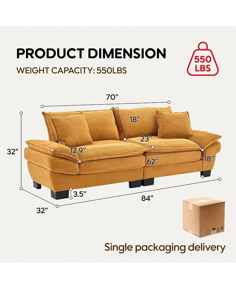 Rainsken Modern 84" Corduroy Upholstered Sofa, Comfy Deep Seat Loveseat Sofa with 2 Pillows for Home Office and Living Room