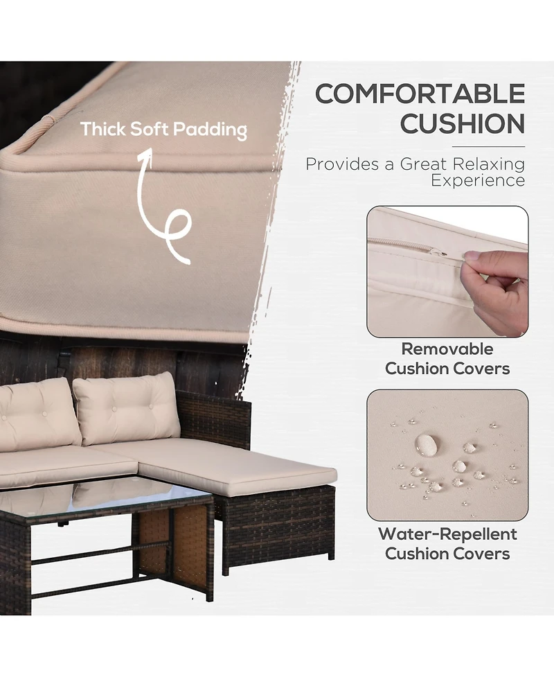 Outsunny 3 Piece Patio Furniture Set, Rattan Outdoor Sofa Set with Chaise Lounge & Loveseat, Soft Cushions, Tempered Glass Table, L-Shaped Sectional C
