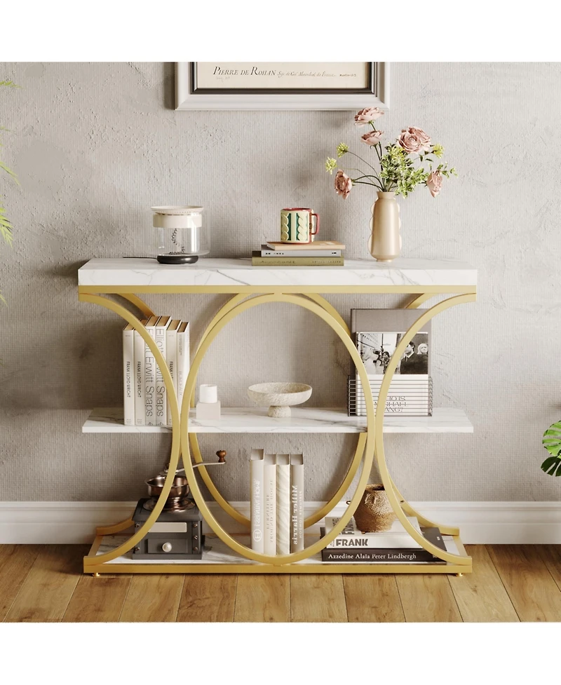 gaomon 39" Industrial 3-Tier Sofa Console Table with Oval-Shaped Metal Frame and Adjustable Feet