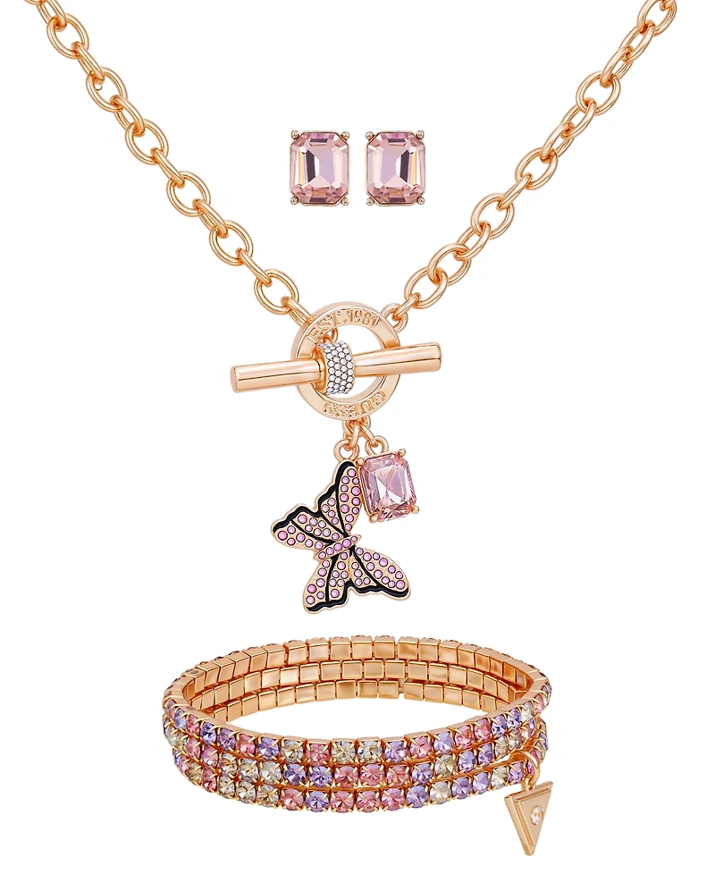 Guess 3-Pc. Rose Gold-Tone Necklace, Bracelet & Stud Earrings Set