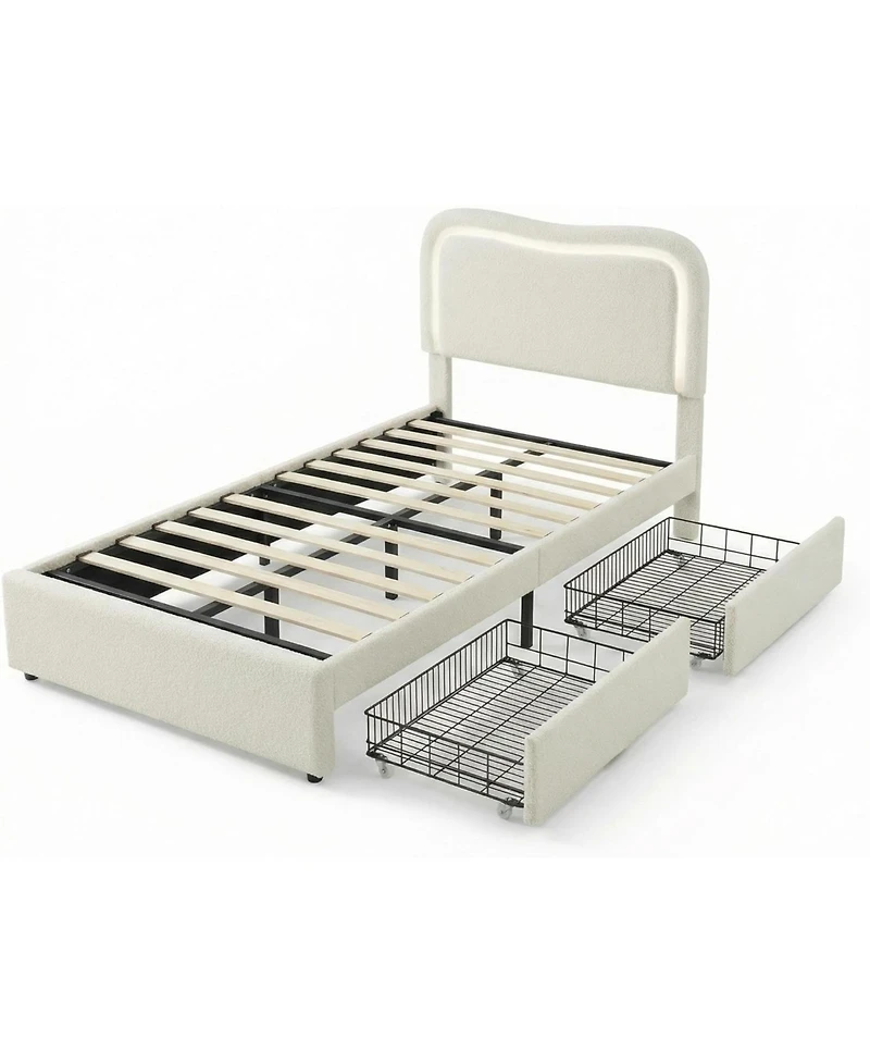 gaomon Twin Boucle Bed Frame with 2 Storage Drawers and Led Headboard, Upholstered Platform for Kids