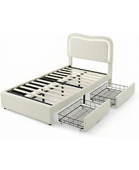 gaomon Twin Boucle Bed Frame with 2 Storage Drawers and Led Headboard, Upholstered Platform for Kids
