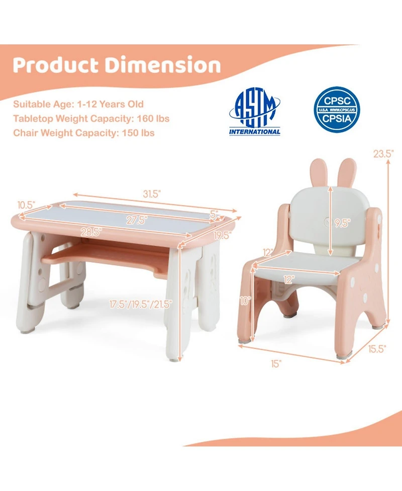 Gouun Kids Table and Rabbit Chair Set with Magnetic Drawing Boards