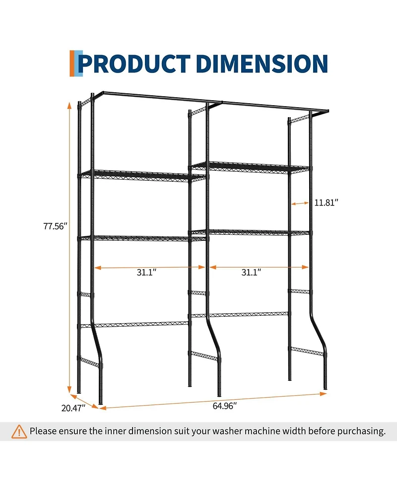Homfan 4-Tier Over Washer and Dryer Storage Rack - Adjustable Metal Shelves with Clothes Drying Rods and Hooks