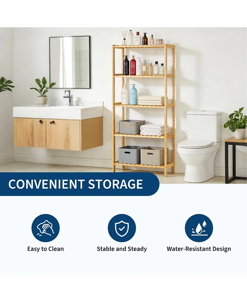homfan 5-Tier Wide Bamboo Shelf Narrow Bathroom Shelf with Slatted Shelves Wood Plant Stand Standing Towel Rack Corner Rack