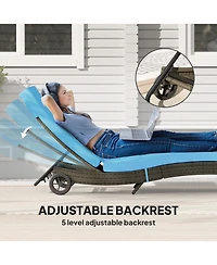 Outsunny Reclining Chaise Lounge Chair, Thickly Cushioned, Rolling Outdoor Plastic Rattan Sun Bathing Chair /w Wheels for Poolside, Pool, Patio, Sky B