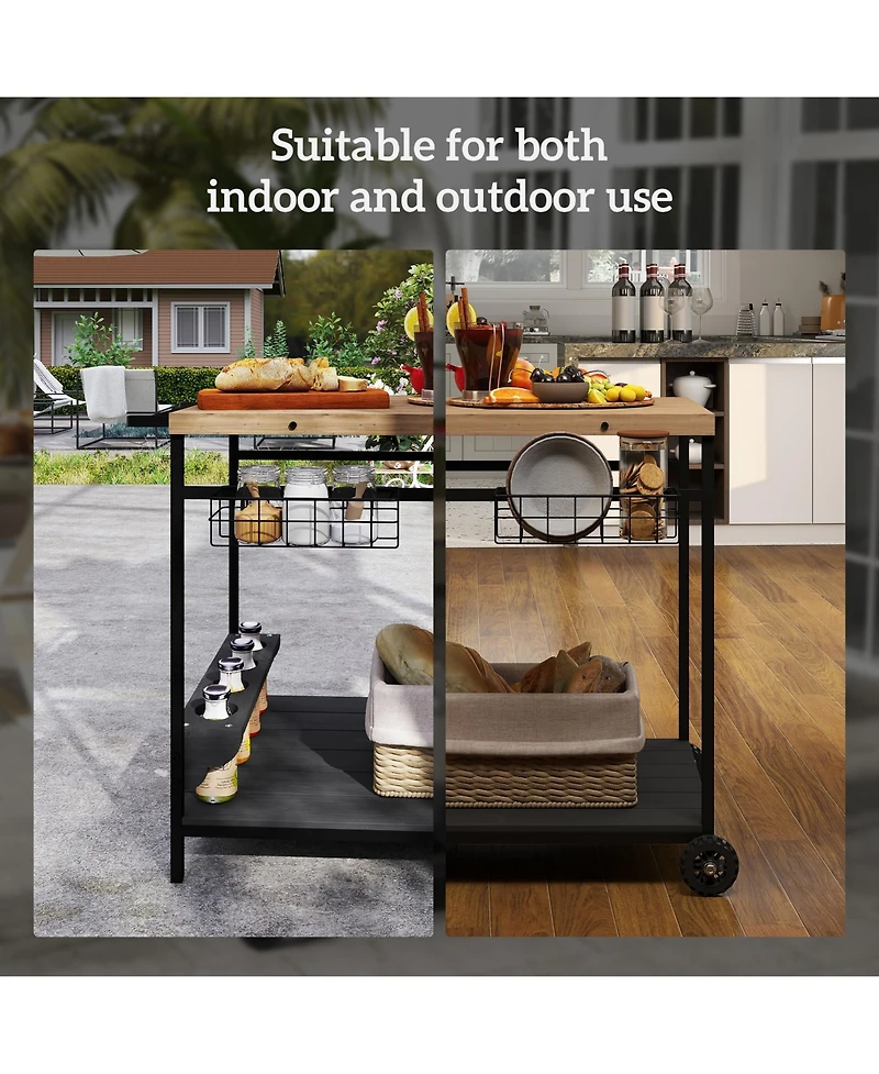 Outsunny Outdoor Bar Cart Patio Serving Cart with Wine Holders Natural
