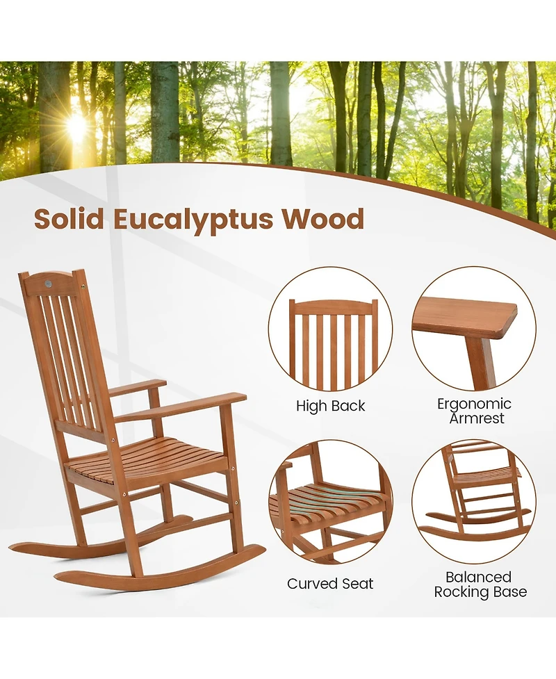 Gymax Patio Rocking Chair w/ 400 lbs Weight Capacity Eucalyptus Wood Porch Rocker w/ High Back
