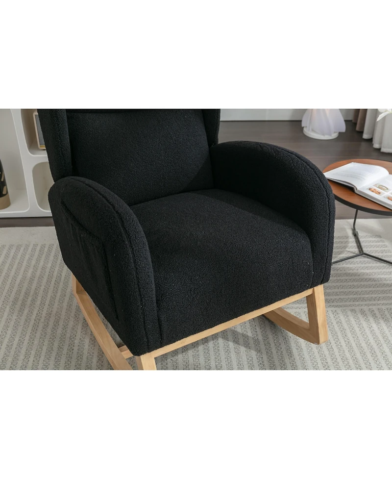 Flynama 1 Pc Teddy Fabric & Wooden Frame Built in Pocket Ergonomic Backrest Rocking Chair