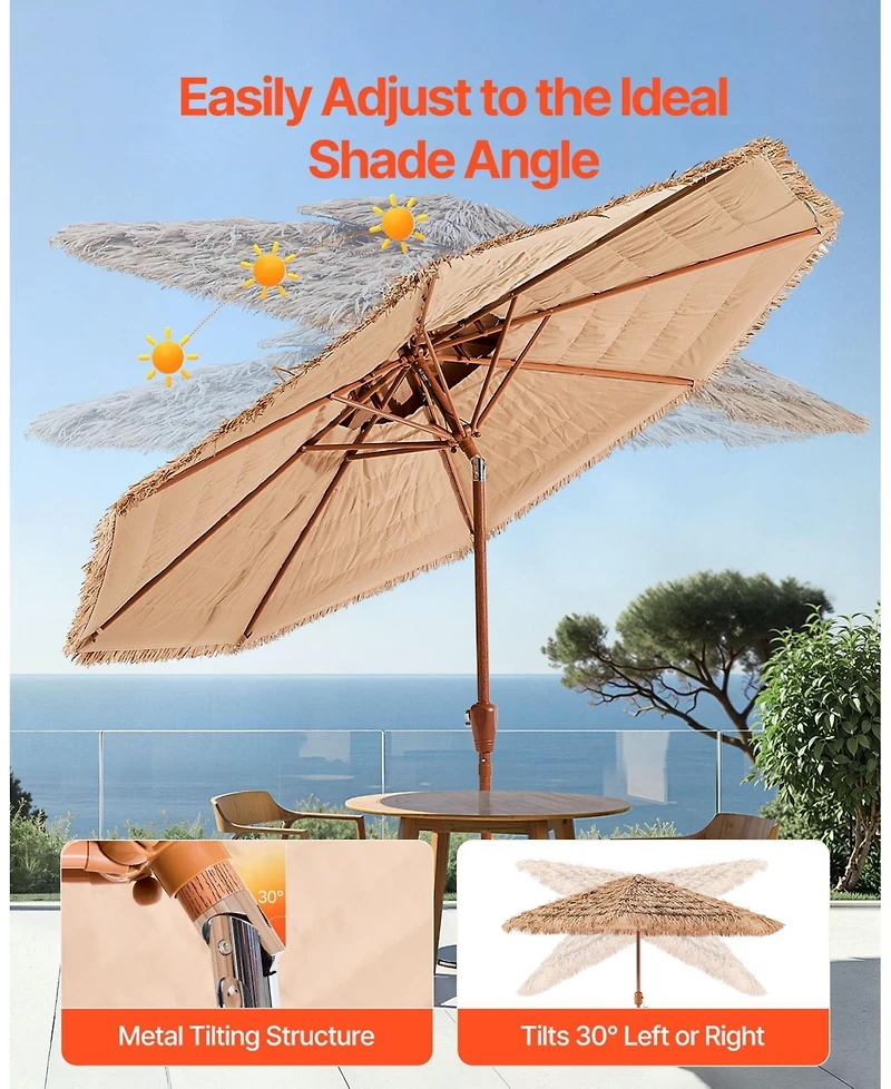 Gouun 9 ft 2 Tier Thatched Patio Umbrella with Tilt Hawaiian Style Beach Parasol